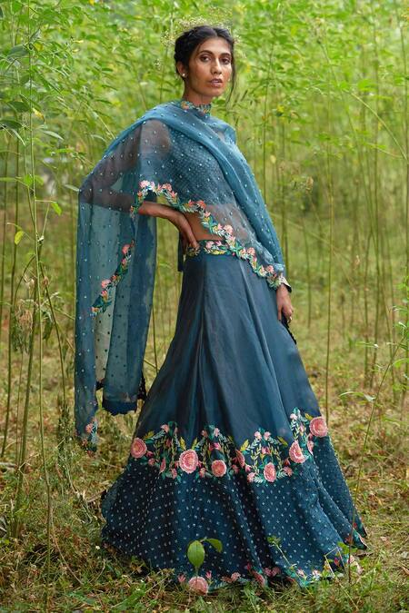 Shop_Incheetape_Blue Organza, Slub V Neck Embroidered Lehenga Set _at_Aza_Fashions