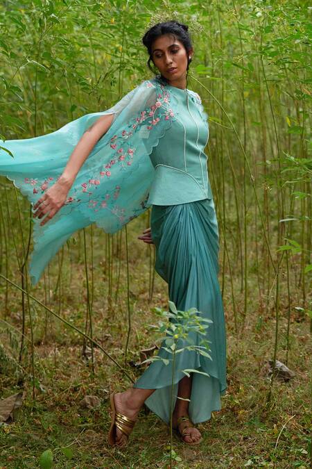 Shop_Incheetape_Blue Organza, Modal Round Cape And Skirt Set _at_Aza_Fashions