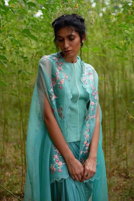 Incheetape_Blue Organza, Modal Round Cape And Skirt Set _Online_at_Aza_Fashions