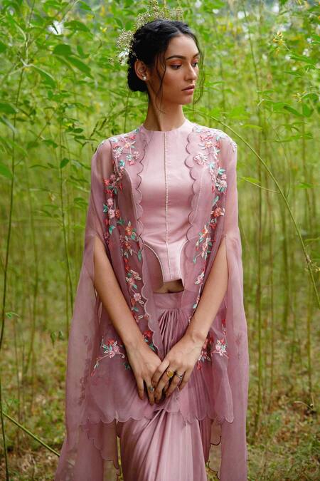 Incheetape Pink Organza Round Cape And Silk Chanderi Skirt Set Online at Aza Fashions Incheetape_Pink Organza Round Cape And Silk Chanderi Skirt Set _Online_at_Aza_Fashions
