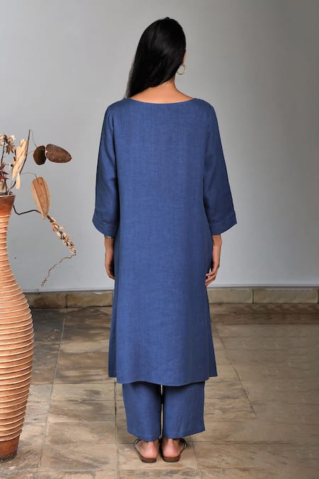 Shop_Linen Bloom_Blue Pure Linen Boat Embroidered Tunic _at_Aza_Fashions