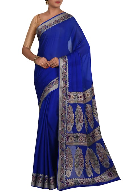 Nazaakat by Samara Singh Blue Banarasi Cotton Georgette Silk Pure Saree