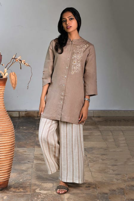 Linen Bloom_Beige Pure Linen Notched Embroidered Tunic _Online_at_Aza_Fashions