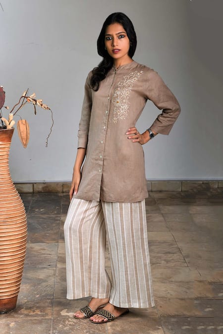 Buy_Linen Bloom_Beige Pure Linen Notched Embroidered Tunic _Online_at_Aza_Fashions