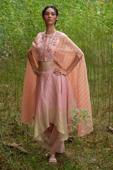 Shop Incheetape Peach Organza, Linen, Silk Chanderi Round Floral Embroidered Cape Top With Skirt at Aza Fashions Shop_Incheetape_Peach Organza, Linen, Silk Chanderi Round Floral Embroidered Cape Top With Skirt _at_Aza_Fashions