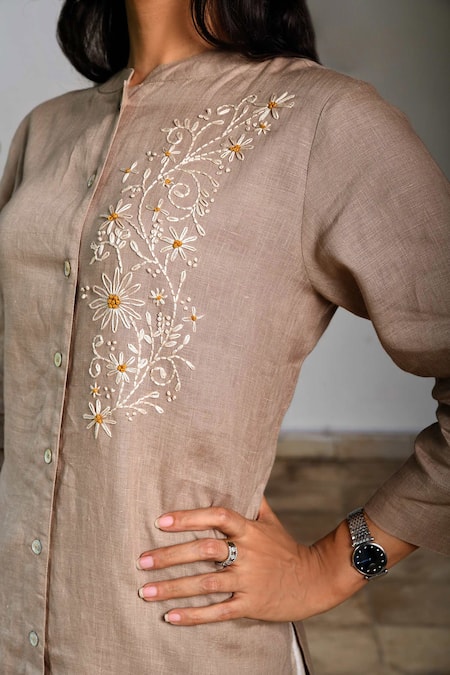 Shop_Linen Bloom_Beige Pure Linen Notched Embroidered Tunic _Online_at_Aza_Fashions