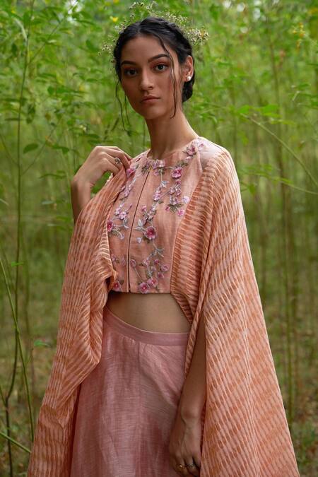 Incheetape Peach Organza, Linen, Silk Chanderi Round Floral Embroidered Cape Top With Skirt Online at Aza Fashions Incheetape_Peach Organza, Linen, Silk Chanderi Round Floral Embroidered Cape Top With Skirt _Online_at_Aza_Fashions