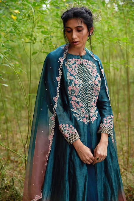 Shop_Incheetape_Blue Organza, Silk Linen, Slub Round Kurta Lehenga Set _at_Aza_Fashions