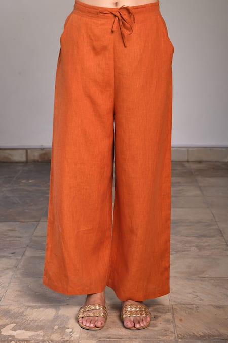 Shop Linen Bloom Orange Pure Linen Pant at Aza Fashions Shop_Linen Bloom_Orange Pure Linen Pant _at_Aza_Fashions
