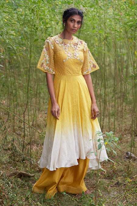 Shop Incheetape Yellow Organza, Silk Linen, Slub Round Kurta And Palazzo Set at Aza Fashions Shop_Incheetape_Yellow Organza, Silk Linen, Slub Round Kurta And Palazzo Set _at_Aza_Fashions