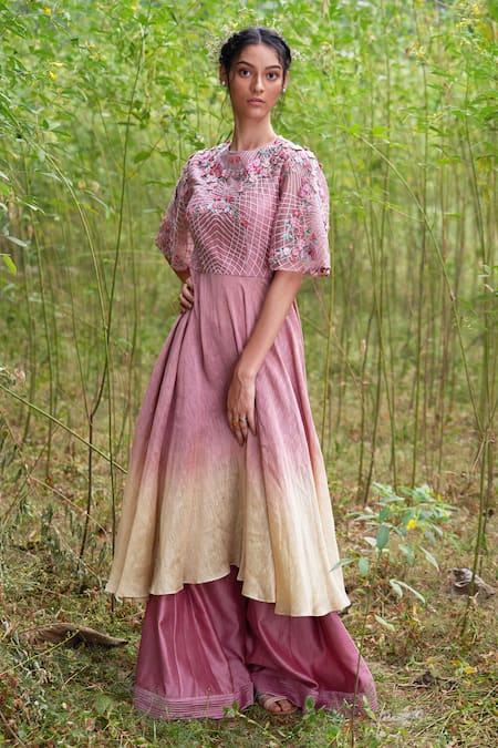 Incheetape Pink Organza Round Linen Silk Kurta And Palazzo Set 