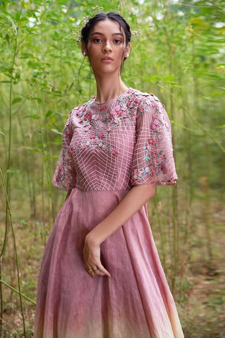 Shop Incheetape Pink Organza, Silk Linen, Slub Round Kurta And Palazzo Set at Aza Fashions Shop_Incheetape_Pink Organza, Silk Linen, Slub Round Kurta And Palazzo Set _at_Aza_Fashions