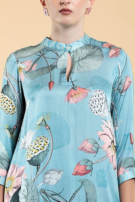 Shop_Divi By Sonal Khandelwal_Sky Blue Modal, Satin Embroidery Mandarin Nelumbo Printed Tunic And Pant Set _Online_at_Aza_Fashions