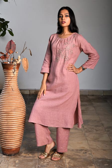 Linen Bloom Pink Pure Linen Embroidery Round Tunic 