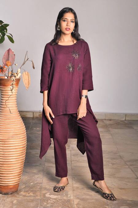 Linen Bloom Purple Pure Linen Embroidery Round Tunic Online at Aza Fashions Linen Bloom_Purple Pure Linen Embroidery Round Tunic _Online_at_Aza_Fashions