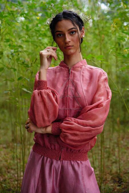 Buy Incheetape Pink Organza, Modal Band Collar Embroidered Jacket Online at Aza Fashions Buy_Incheetape_Pink Organza, Modal Band Collar Embroidered Jacket _Online_at_Aza_Fashions