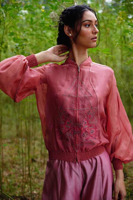 Incheetape Pink Organza, Modal Band Collar Embroidered Jacket Online at Aza Fashions Incheetape_Pink Organza, Modal Band Collar Embroidered Jacket _Online_at_Aza_Fashions