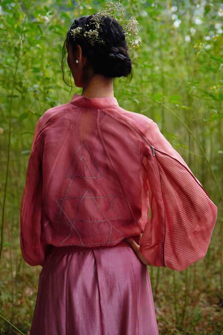 Shop Incheetape Pink Organza, Modal Band Collar Embroidered Jacket at Aza Fashions Shop_Incheetape_Pink Organza, Modal Band Collar Embroidered Jacket _at_Aza_Fashions