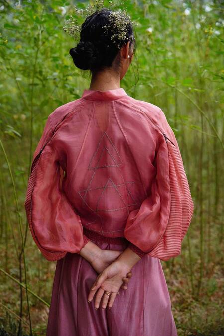 Shop Incheetape Pink Organza, Modal Band Collar Embroidered Jacket Online at Aza Fashions Shop_Incheetape_Pink Organza, Modal Band Collar Embroidered Jacket _Online_at_Aza_Fashions