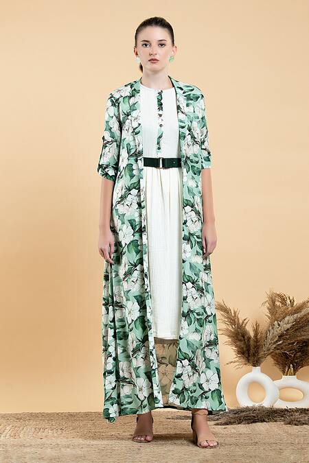 Divi By Sonal Khandelwal Green Modal, Satin Round Neck Wild Apple Print Cape And Dress Set Online at Aza Fashions Divi By Sonal Khandelwal_Green Modal, Satin Round Neck Wild Apple Print Cape And Dress Set _Online_at_Aza_Fashions