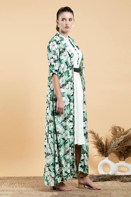 Shop Divi By Sonal Khandelwal Green Modal, Satin Round Neck Wild Apple Print Cape And Dress Set Online at Aza Fashions Shop_Divi By Sonal Khandelwal_Green Modal, Satin Round Neck Wild Apple Print Cape And Dress Set _Online_at_Aza_Fashions