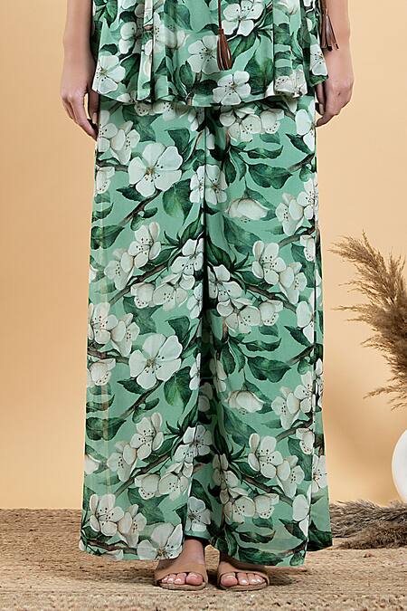 Divi By Sonal Khandelwal Green Bamboo, Georgette Bandeau Neck Wild Apple Print Top And Palazzo Set at Aza Fashions Divi By Sonal Khandelwal_Green Bamboo, Georgette Bandeau Neck Wild Apple Print Top And Palazzo Set _at_Aza_Fashions