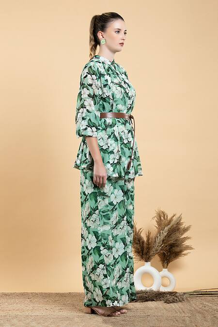 Buy Divi By Sonal Khandelwal Green Bamboo, Georgette Bandeau Neck Wild Apple Print Top And Palazzo Set Online at Aza Fashions Buy_Divi By Sonal Khandelwal_Green Bamboo, Georgette Bandeau Neck Wild Apple Print Top And Palazzo Set _Online_at_Aza_Fashions