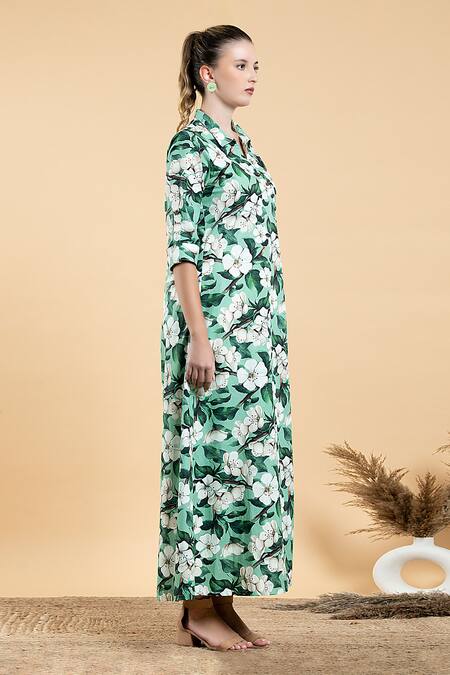 Divi By Sonal Khandelwal Green Cotton Collared Wild Apple Print Long Shirt And Pant Set Online at Aza Fashions Divi By Sonal Khandelwal_Green Cotton Collared Wild Apple Print Long Shirt And Pant Set _Online_at_Aza_Fashions