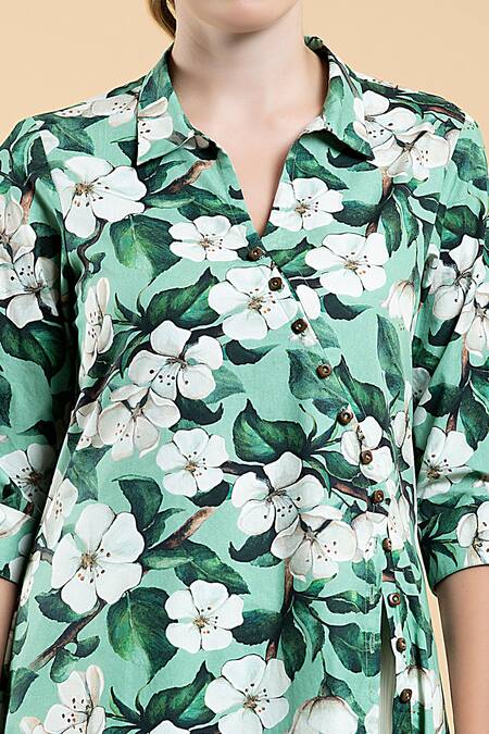 Shop Divi By Sonal Khandelwal Green Cotton Collared Wild Apple Print Long Shirt And Pant Set Online at Aza Fashions Shop_Divi By Sonal Khandelwal_Green Cotton Collared Wild Apple Print Long Shirt And Pant Set _Online_at_Aza_Fashions