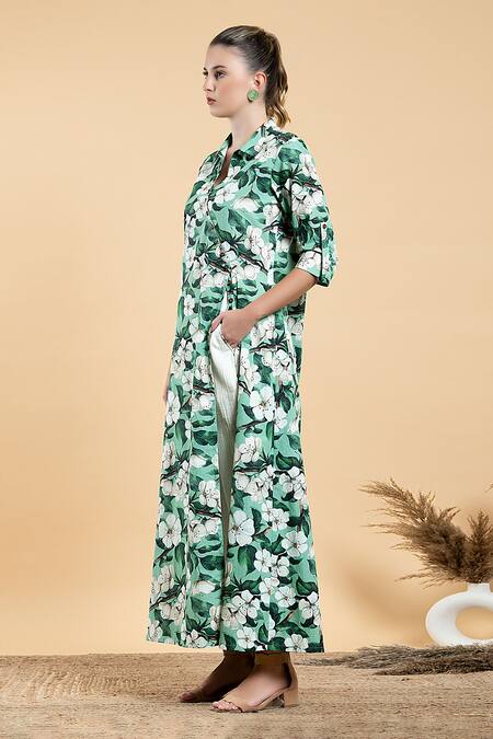 Buy Divi By Sonal Khandelwal Green Cotton Collared Wild Apple Print Long Shirt And Pant Set Online at Aza Fashions Buy_Divi By Sonal Khandelwal_Green Cotton Collared Wild Apple Print Long Shirt And Pant Set _Online_at_Aza_Fashions
