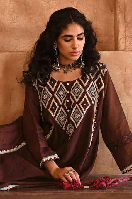 Buy_Rekha Agra_Brown Chanderi, Cotton Flax Hand Block Print Round Kurta And Pant Set _Online_at_Aza_Fashions