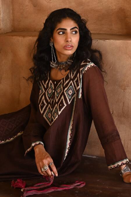 Shop_Rekha Agra_Brown Chanderi, Cotton Flax Hand Block Print Round Kurta And Pant Set _Online_at_Aza_Fashions