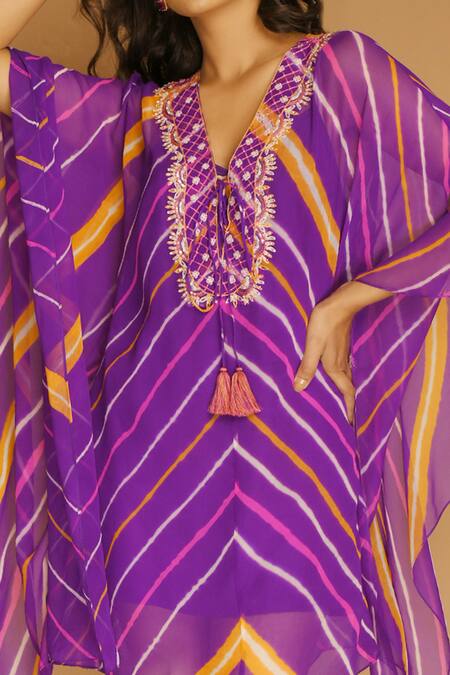 Buy K-Anshika Purple Georgette V Neck Striped Kaftan Dress Online at Aza Fashions Buy_K-Anshika_Purple Georgette V Neck Striped Kaftan Dress _Online_at_Aza_Fashions