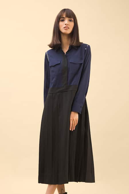 Chillosophy Black European Crepe Straight Collar Pleated Midi Dress 