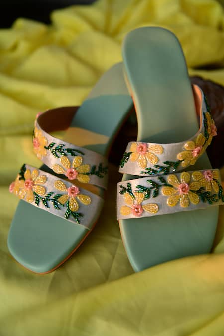 House Of Dhwni Singhvi Sea Green Embellished Block Heels 