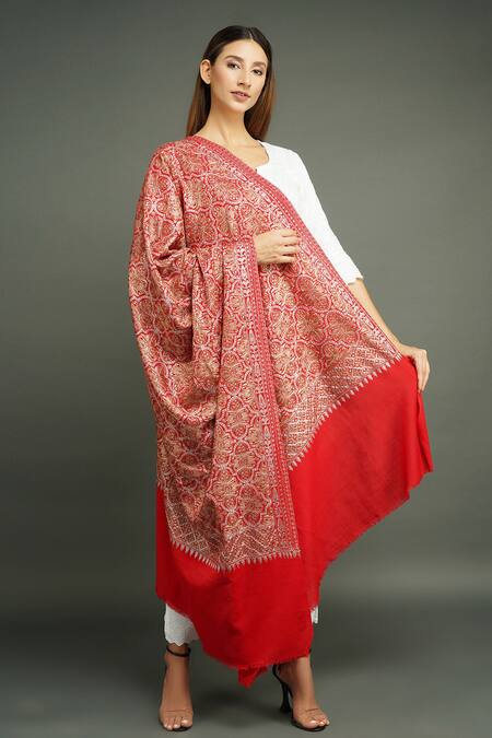 Dusala_Red Pashmina Embroidered Shawl_Online_at_Aza_Fashions