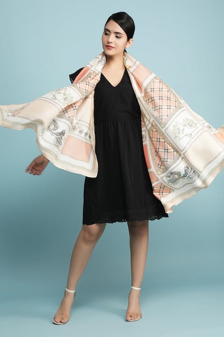 Buy_Dusala_White Silk Printed Scarf_Online_at_Aza_Fashions