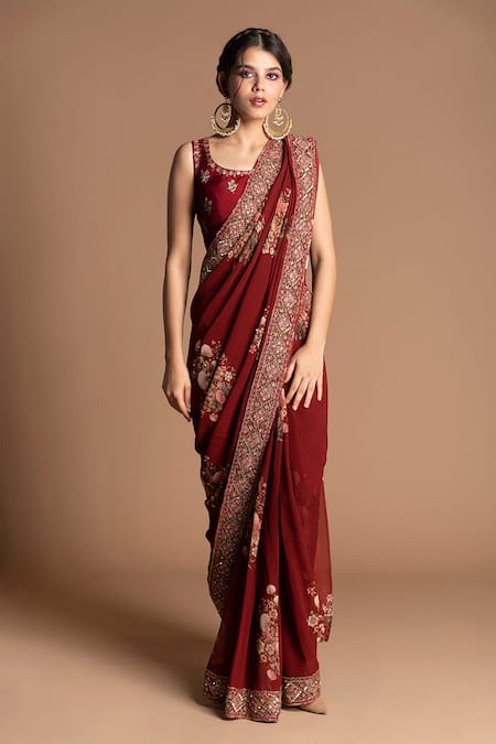 Kalista_Red Viscose Georgette U Neck Pre-draped Saree With Blouse _Online_at_Aza_Fashions