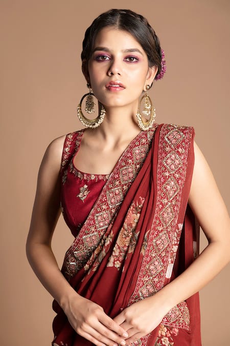 Buy_Kalista_Red Viscose Georgette U Neck Pre-draped Saree With Blouse _Online_at_Aza_Fashions