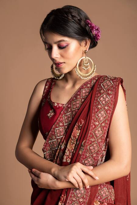 Shop_Kalista_Red Viscose Georgette U Neck Pre-draped Saree With Blouse _Online_at_Aza_Fashions