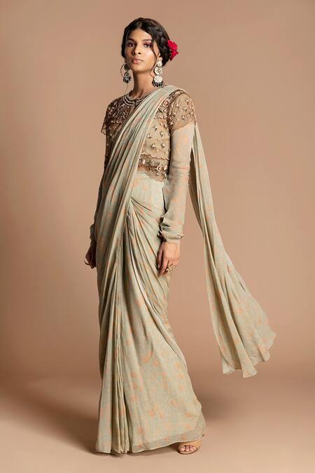 Shop_Kalista_Green Saree Viscose Georgette Cape Soft Net Round Pre-draped With_at_Aza_Fashions