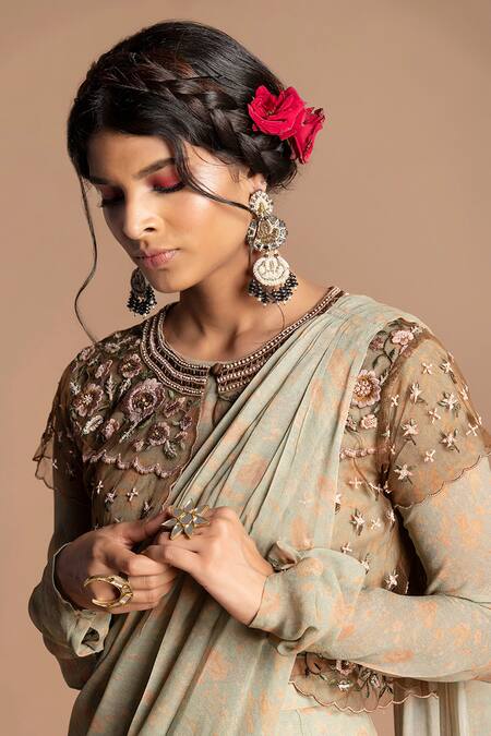 Buy_Kalista_Green Saree Viscose Georgette Cape Soft Net Round Pre-draped With_Online_at_Aza_Fashions