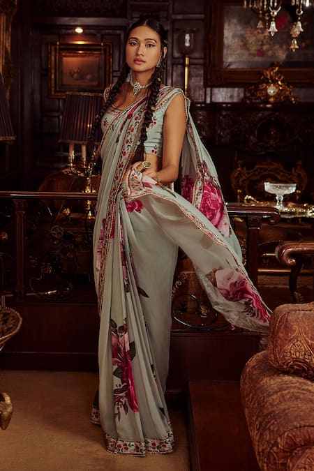 Kalista_Blue Georgette, Silk Bead Idika Pre-draped Saree With Blouse _Online_at_Aza_Fashions