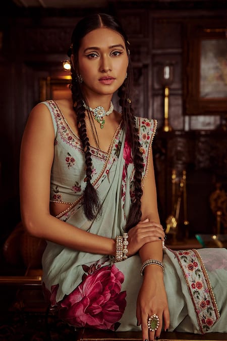 Buy_Kalista_Blue Georgette, Silk Bead Idika Pre-draped Saree With Blouse _Online_at_Aza_Fashions