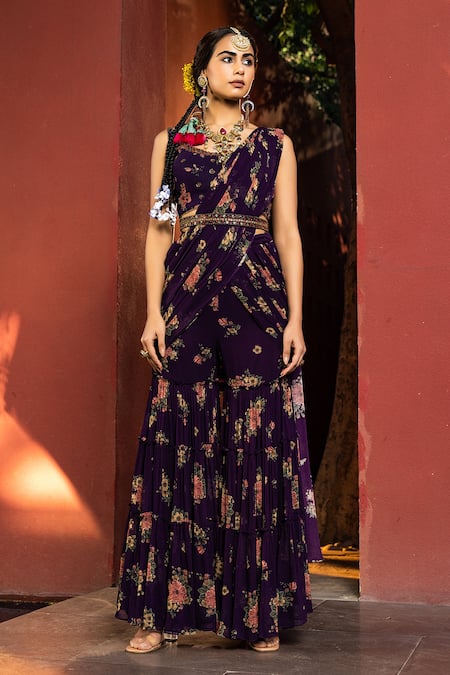 Kalista_Purple Georgette Floral Motifs Round Arisha Pre-draped Gharara Saree Set _Online_at_Aza_Fashions