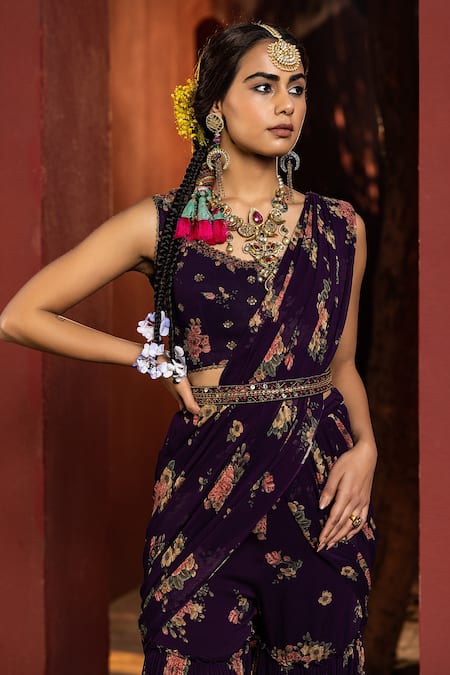 Buy_Kalista_Purple Georgette Floral Motifs Round Arisha Pre-draped Gharara Saree Set _Online_at_Aza_Fashions