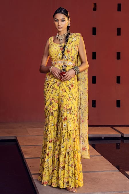 Kalista Yellow Bustier Raw Silk, Cape And Gharara Georgette Aksa Pre-draped Saree Set Online at Aza Fashions Kalista_Yellow Bustier Raw Silk, Cape And Gharara Georgette Aksa Pre-draped Saree Set _Online_at_Aza_Fashions