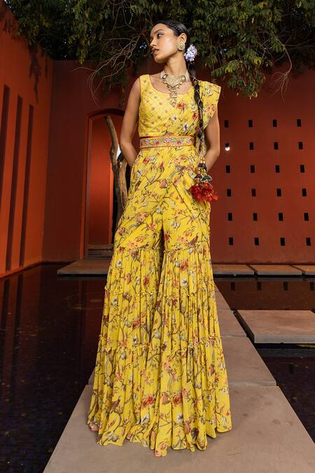 Buy Kalista Yellow Bustier Raw Silk, Cape And Gharara Georgette Aksa Pre-draped Saree Set Online at Aza Fashions Buy_Kalista_Yellow Bustier Raw Silk, Cape And Gharara Georgette Aksa Pre-draped Saree Set _Online_at_Aza_Fashions