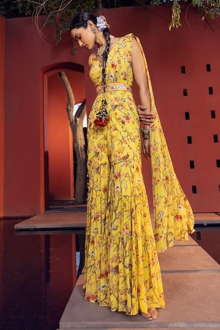 Shop Kalista Yellow Bustier Raw Silk, Cape And Gharara Georgette Aksa Pre-draped Saree Set Online at Aza Fashions Shop_Kalista_Yellow Bustier Raw Silk, Cape And Gharara Georgette Aksa Pre-draped Saree Set _Online_at_Aza_Fashions