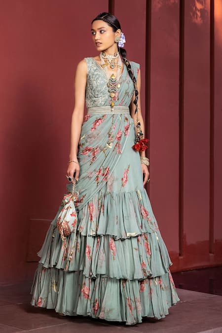 Kalista Blue Blouse Natural Silk, Lehenga Saree Georgette Anaisha Pre-draped Set Online at Aza Fashions Kalista_Blue Blouse Natural Silk, Lehenga Saree Georgette Anaisha Pre-draped Set _Online_at_Aza_Fashions